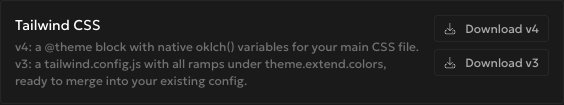 Export Palette dialog with the Tailwind CSS format highlighted, showing Download v4 and Download v3 options