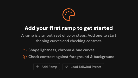 Rampancy editor empty state showing "Add your first ramp to get started" with Add Ramp and Load Tailwind Preset buttons