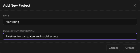 Add New Project modal with a title and description filled in