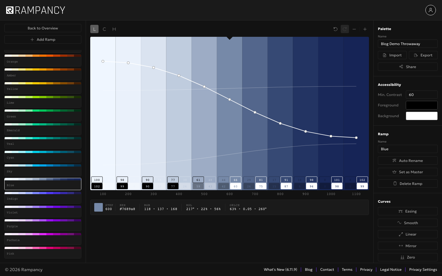Color Info Bar showing HEX, RGB, HSL, and OKLCH values for a selected step