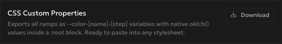 Export Palette dialog showing the CSS Custom Properties option, described as exporting native oklch() values