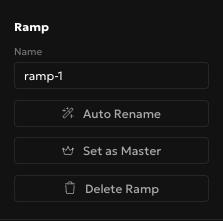 Right sidebar showing a newly added ramp still named "ramp-1," with the Auto Rename button underneath the Name field
