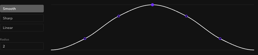 Soft Select panel showing the Smooth falloff and a radius of two
