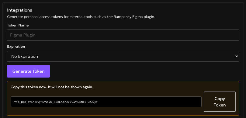Generate Token panel in Account Settings showing a freshly created personal access token
