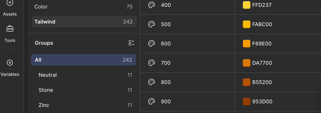 Figma Variables panel showing the synced Tailwind collection, its groups list, and step rows with hex values