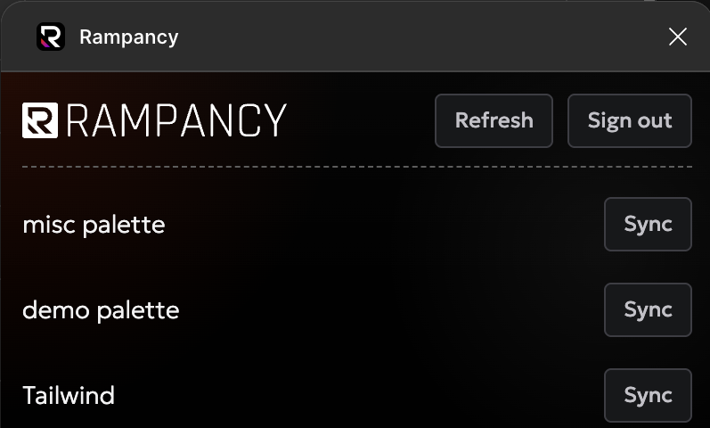 Rampancy plugin window floating over the Figma canvas, showing the palette list