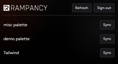 Rampancy plugin showing the palette list with a Sync button next to each palette