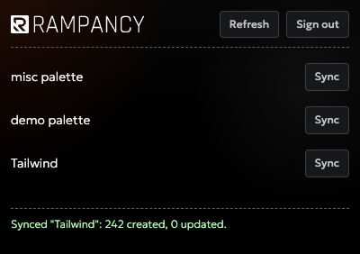 Rampancy plugin showing a sync-complete message with created and updated variable counts