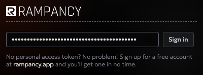 Rampancy plugin pairing screen with a personal access token pasted into the field