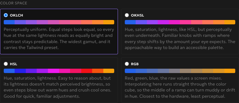 Build color ramps in OKLCH, OKHSL, HSL, or RGB