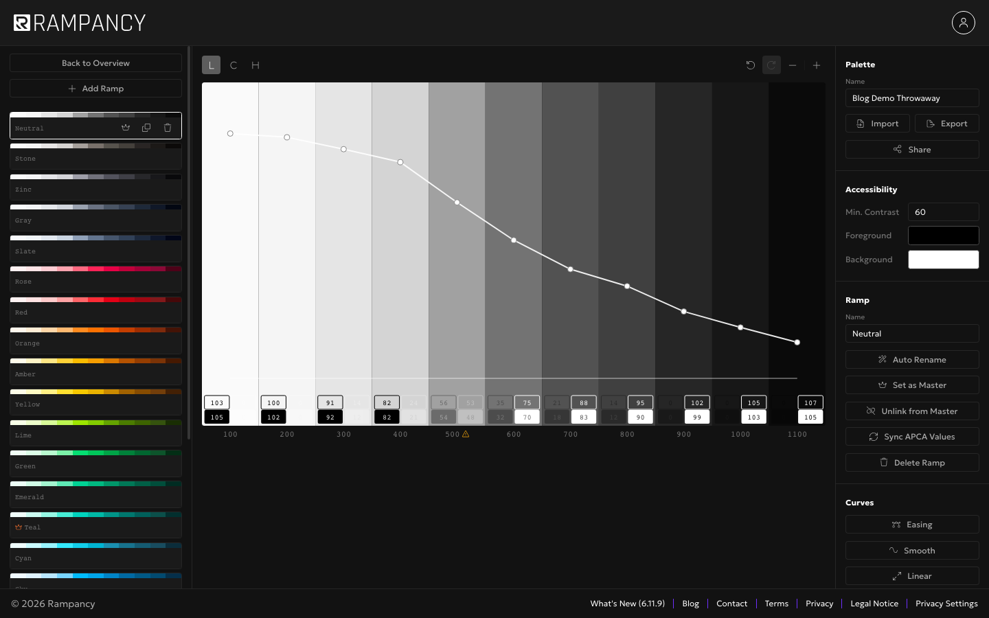 Neutral gray ramp before and after Sync APCA Values, staying gray while contrast values update
