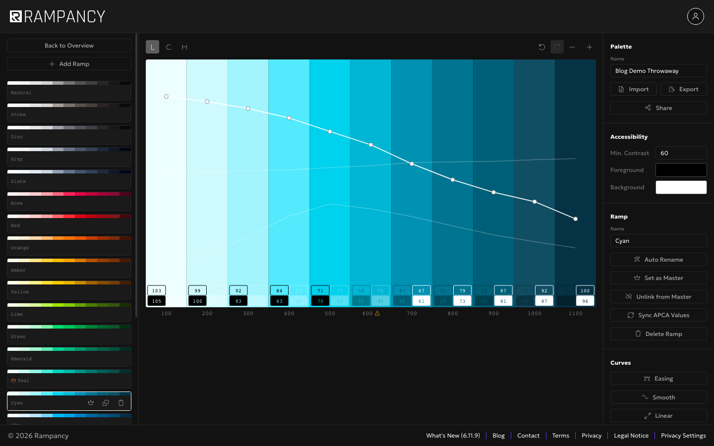 Cyan ramp selected, Sync APCA Values button visible in the sidebar, before syncing