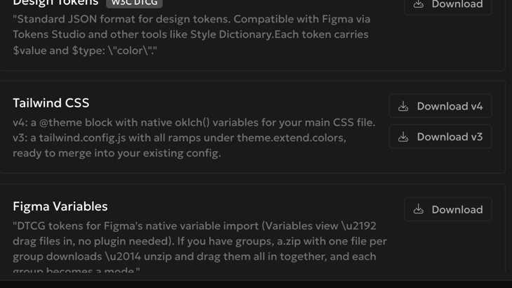 Rampancy export dialog with Design Tokens, Tailwind CSS, and Figma Variables download options
